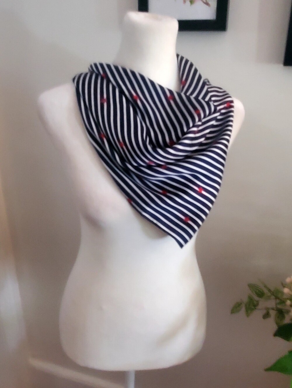 Rachel Zoe Navy And White Striped Scarf with Red Stars